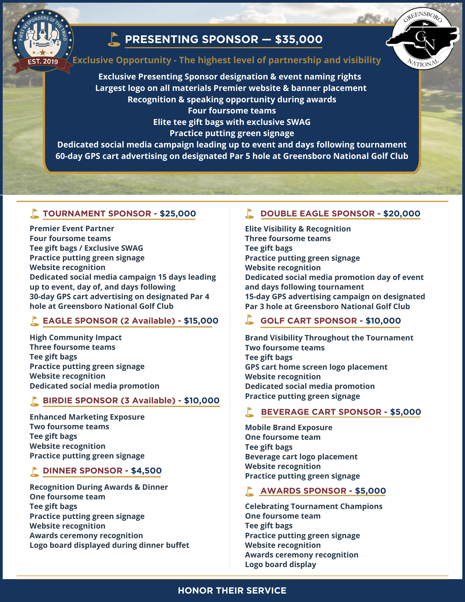 Golf tournament sponsorship levels from Presenting Sponsor through Awards Sponsor