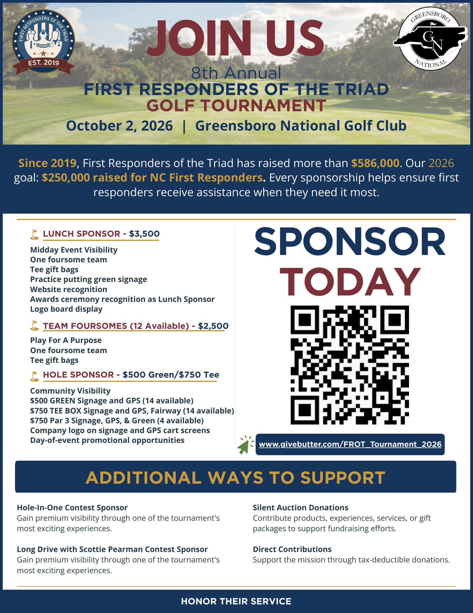 Golf tournament lunch, team foursome, hole sponsorship, and additional support opportunities