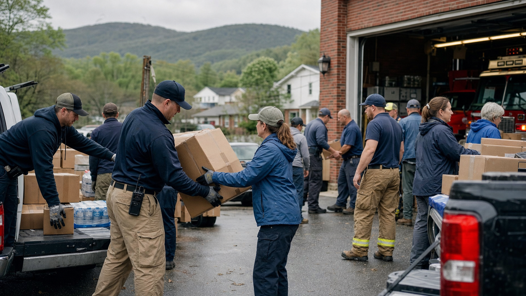 First responders and volunteers organizing disaster recovery supplies